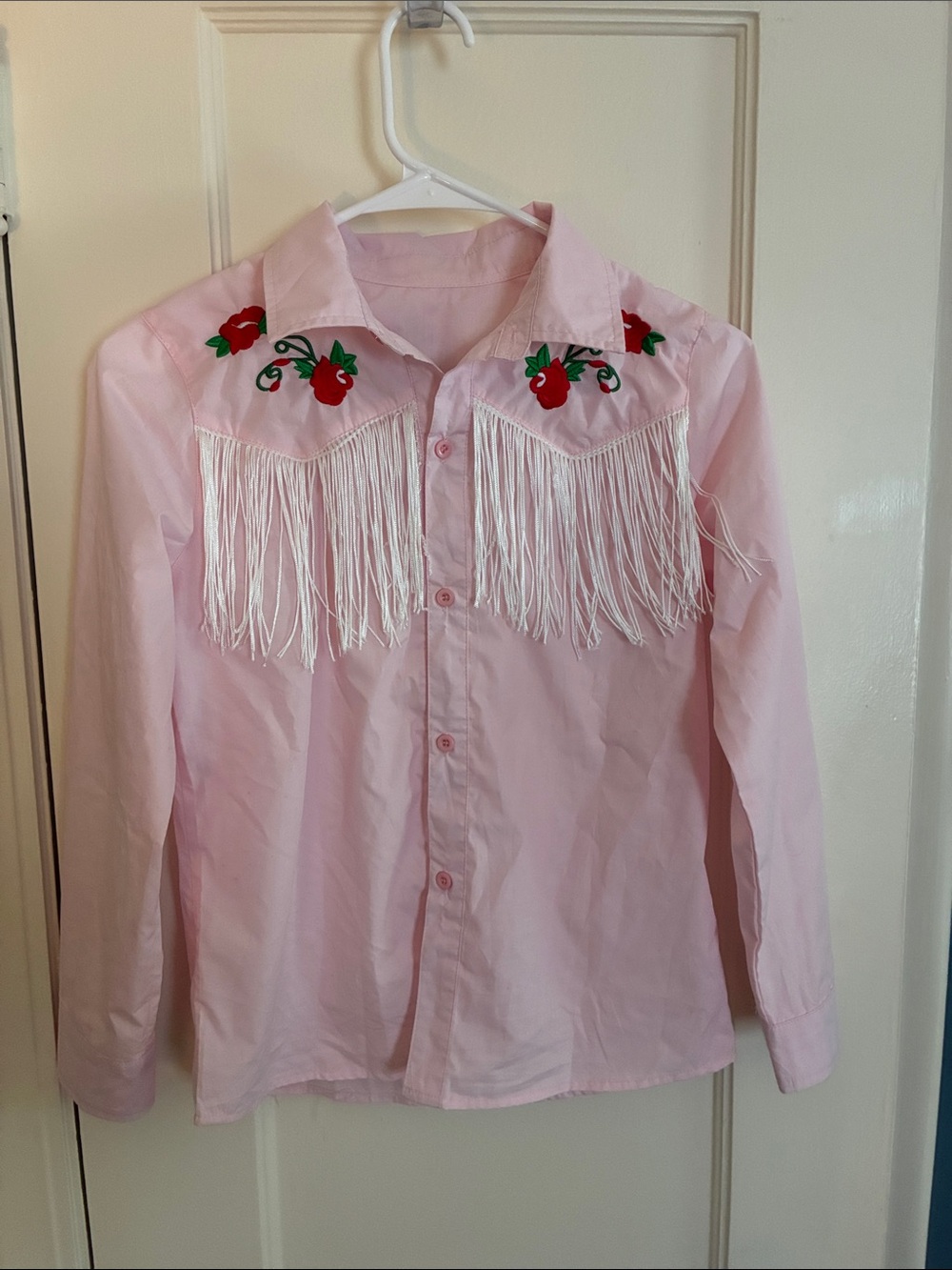 Amazon Pink Girls' Button-Down Western Shirt with Floral Embroidery and Fringe -